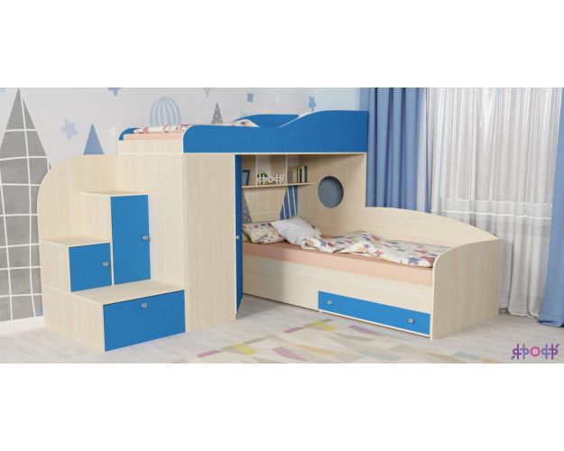 Кровать-чердак Кадет-2 угловая Дуб молочный/Голубой